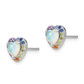 Prizma Sterling Silver Rhodium-plated Lab Created Opal and Colorful CZ Heart Post Earrings